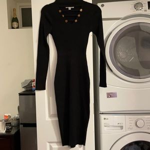 Say What Black long sleeve stretch knit dress with gold buttons